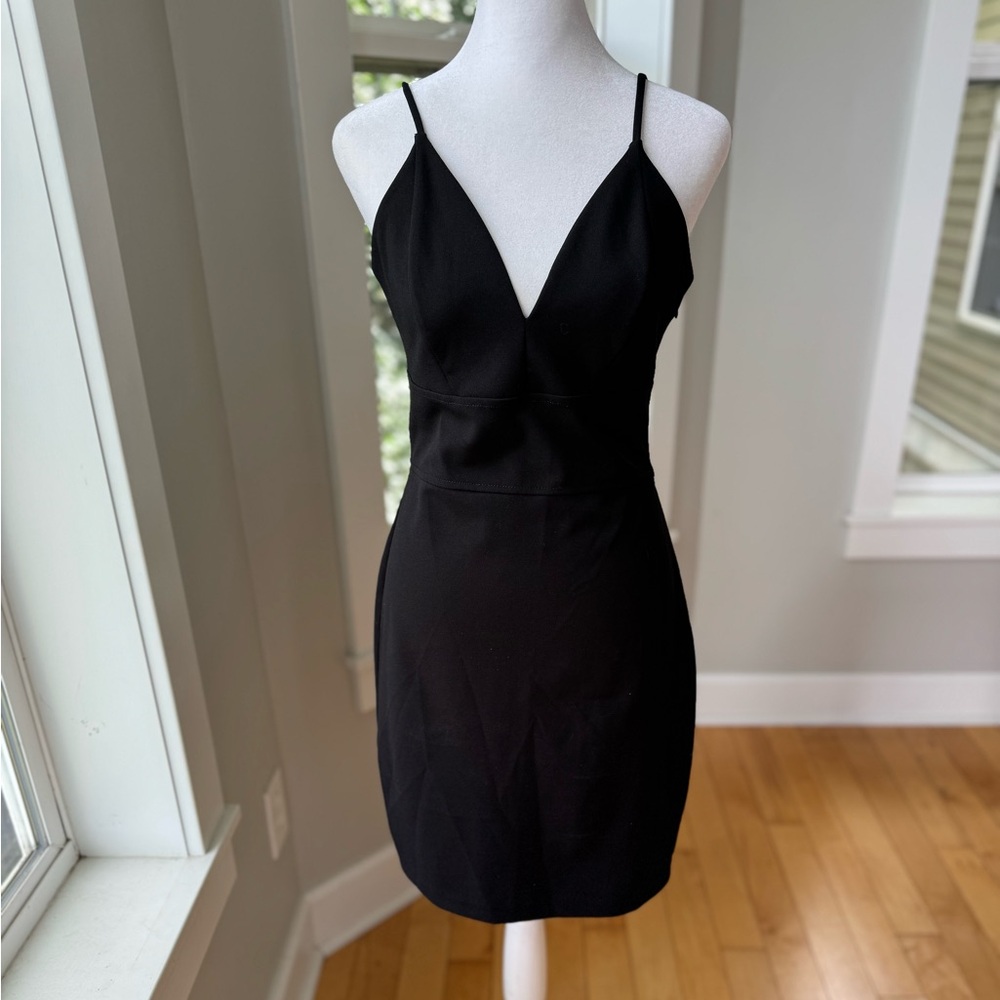 Express 90s Style Black Mini Dress Deep V Neck Spaghetti Straps Sz Small